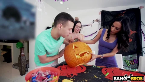 Carving Pumpkins With Her Stepson And Stepdaughter